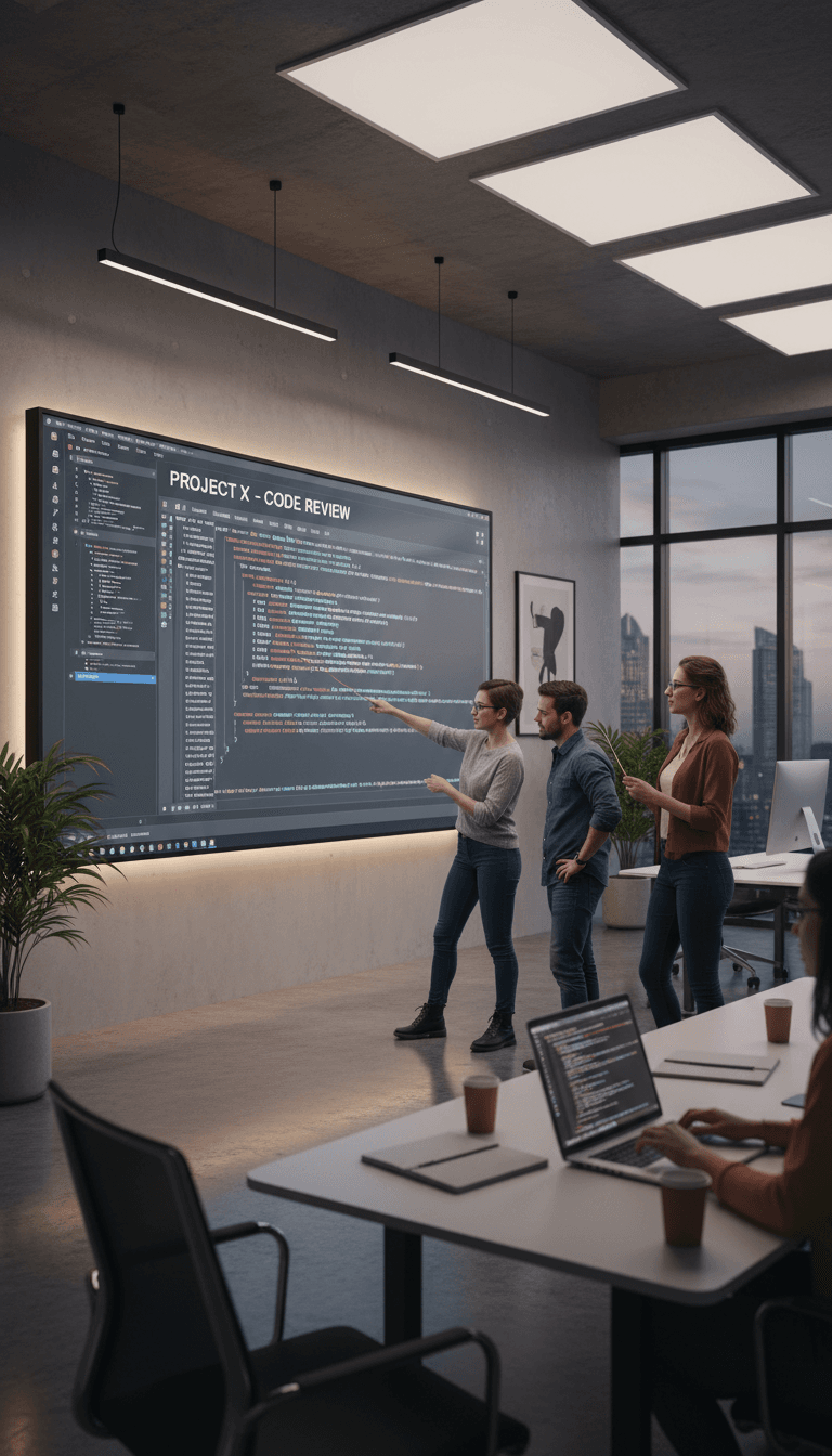 Software developer reviewing code on a large monitor in a modern office